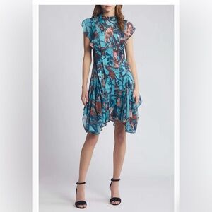 All Saints Fleur Batu Handkerchief Hem Lagoon Blue Multi Dress Size 00 NWT